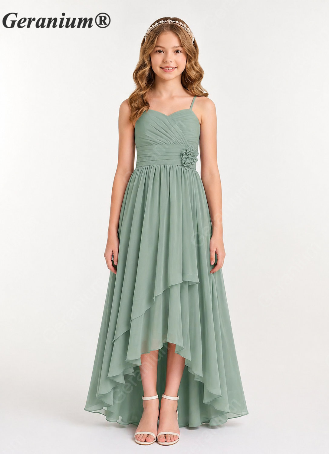 Geranium Elegant Spaghetti Strap High-Low Chiffon Junior Bridesmaid Dress with Floral Sash KD-63J Main image