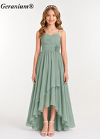 Geranium Elegant Spaghetti Strap High-Low Chiffon Junior Bridesmaid Dress with Floral Sash KD-63J