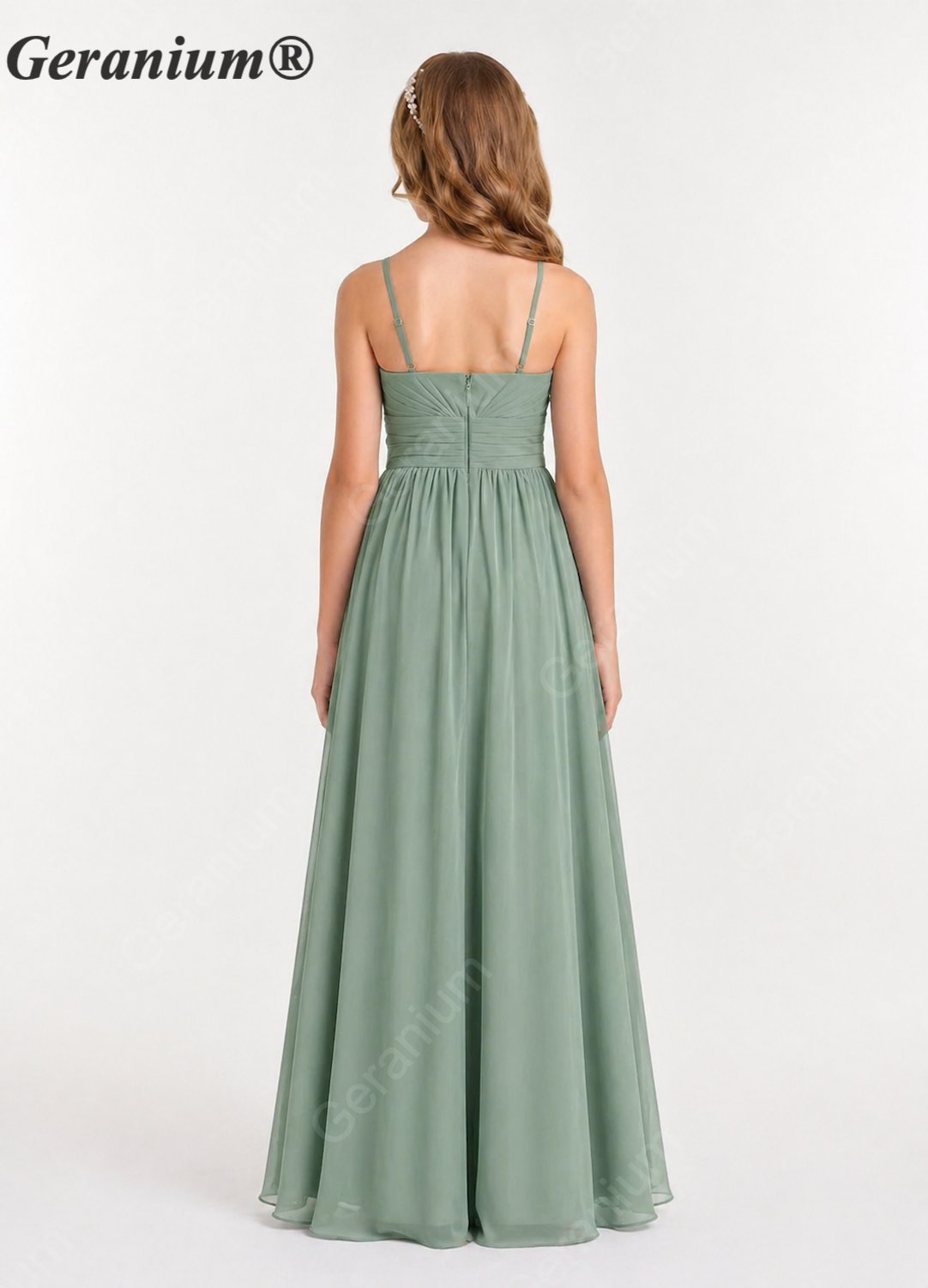 Geranium Elegant Spaghetti Strap High-Low Chiffon Junior Bridesmaid Dress with Floral Sash KD-63J