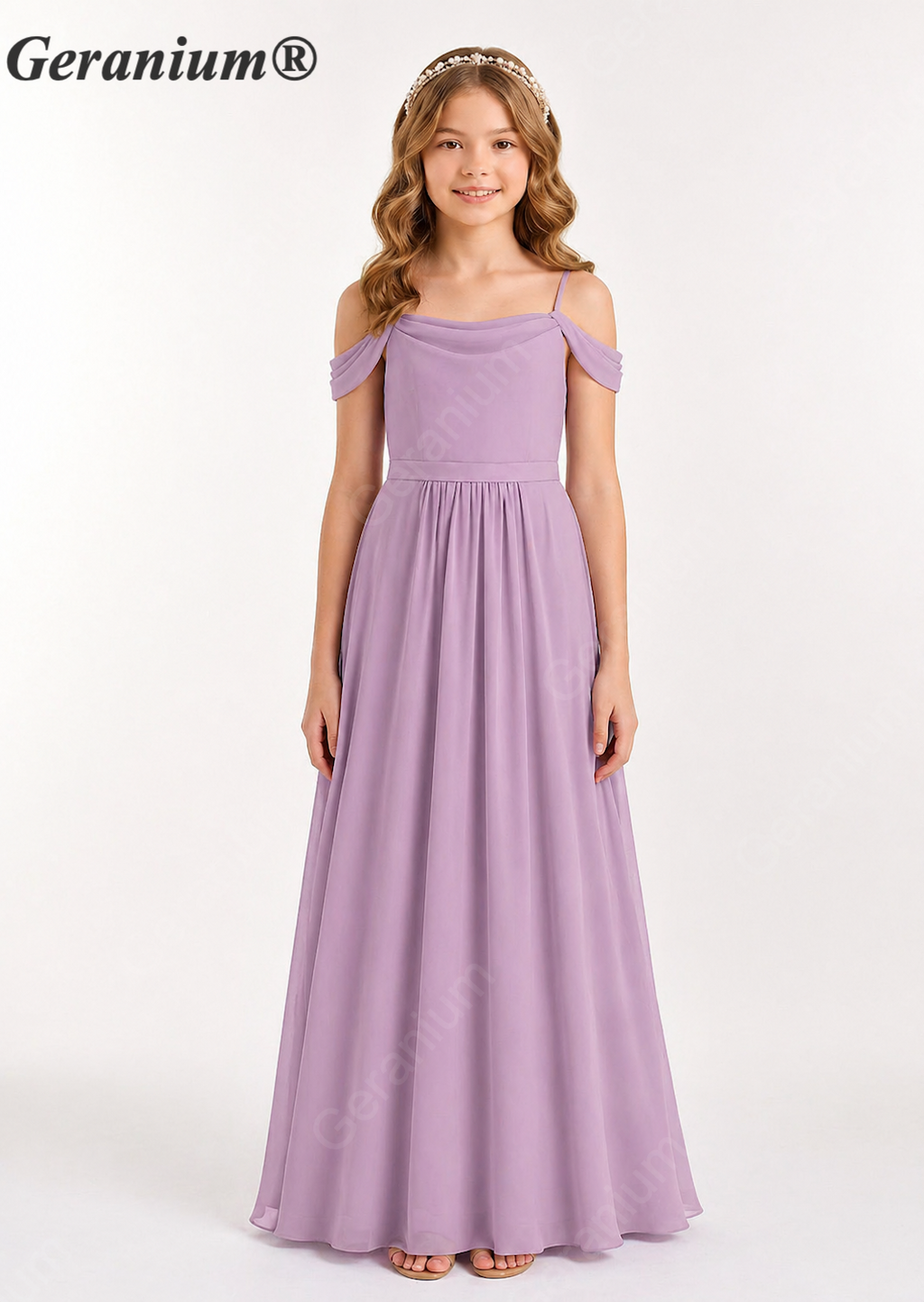 Geranium Elegant Chiffon Cold Shoulder Junior Bridesmaid Dress with Draped Neckline KD-58J