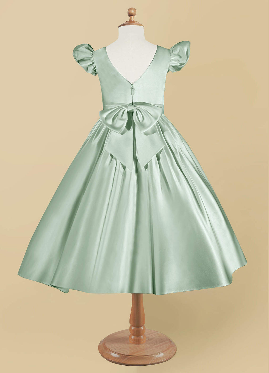 Geranium Mint Green Satin Flower Girl Dress with Flutter Sleeves & Back Bow - Elegant A-Line Communion Party Gown KD-252