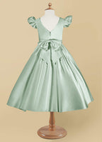 Geranium Mint Green Satin Flower Girl Dress with Flutter Sleeves & Back Bow - Elegant A-Line Communion Party Gown KD-252