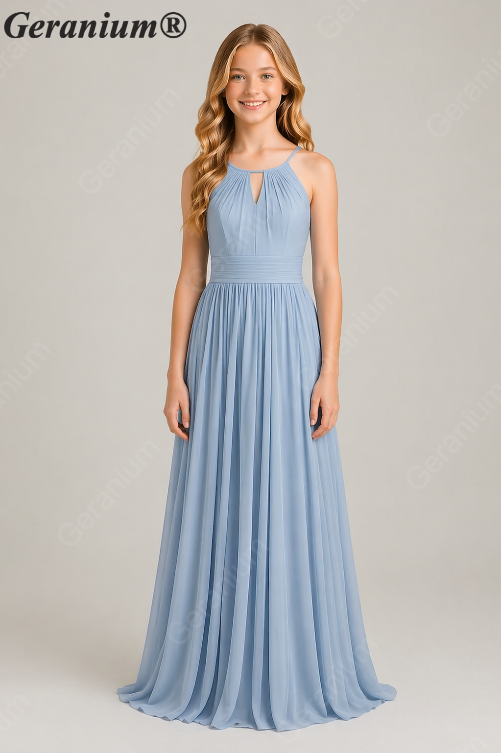 Geranium Elegant Dusty Blue Chiffon Halter Junior Bridesmaid Dress with Keyhole KD-326
