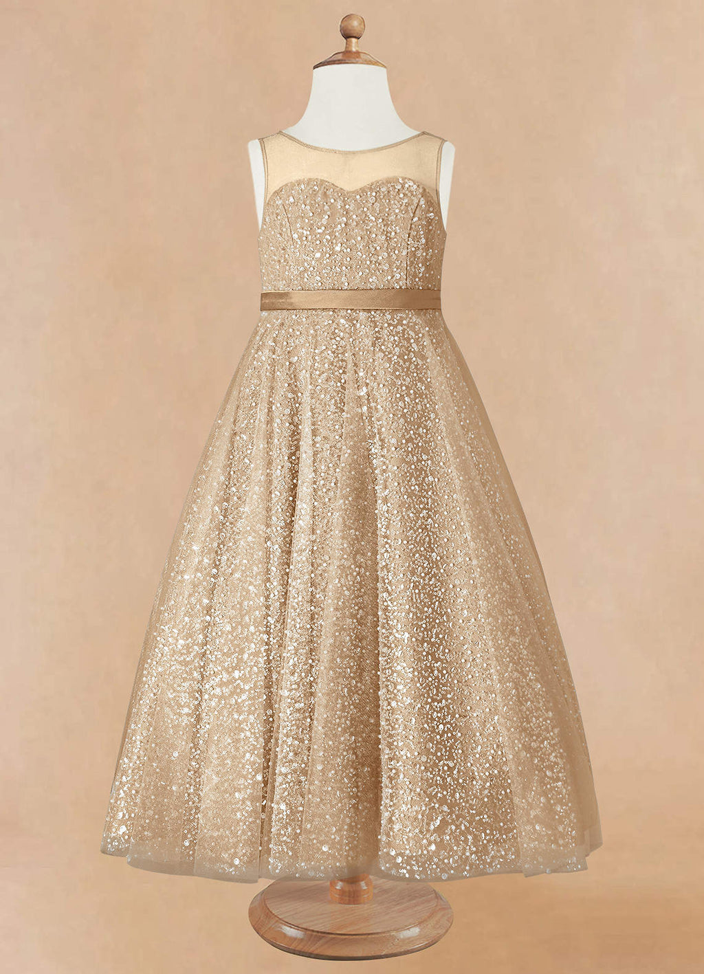 Geranium Luxury Champagne Gold Sequin Flower Girl Dress - Illusion Neckline Tulle Ball Gown for Kids KD-267
