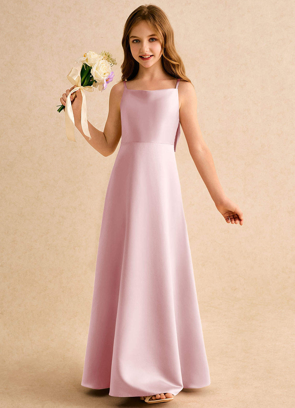 Geranium Dusty Rose Satin A-Line Flower Girl Dress with Bow Back – Spaghetti Strap Junior Bridesmaid Maxi Dress KD-150