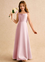 Geranium Dusty Rose Satin A-Line Flower Girl Dress with Bow Back – Spaghetti Strap Junior Bridesmaid Maxi Dress KD-150
