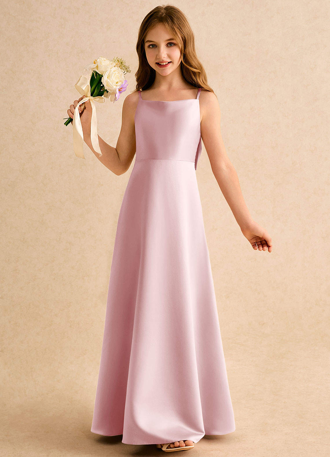 Geranium Dusty Rose Satin A-Line Flower Girl Dress with Bow Back – Spaghetti Strap Junior Bridesmaid Maxi Dress KD-150