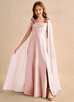 Geranium Blush Pink Satin Cape Bridesmaid Dress with Floral Shoulder Straps and Draped Bodice KD-146
