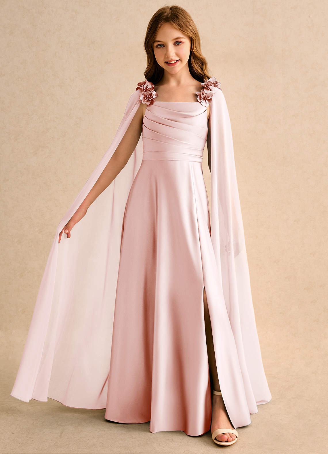 Geranium Blush Pink Satin Cape Bridesmaid Dress with Floral Shoulder Straps and Draped Bodice KD-146