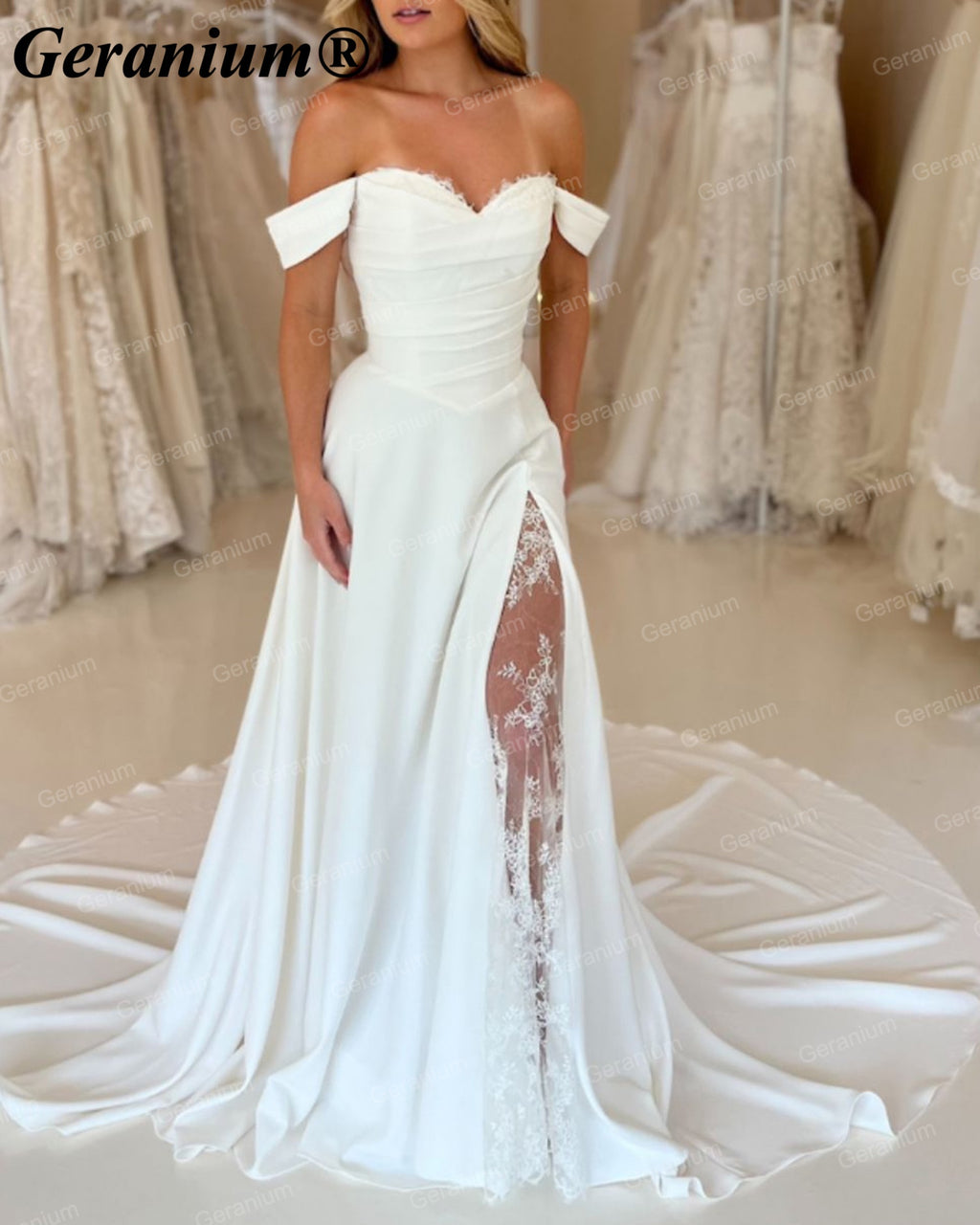 Geranium Off-the-Shoulder Satin A-Line Wedding Dress with Lace Slit – GER125