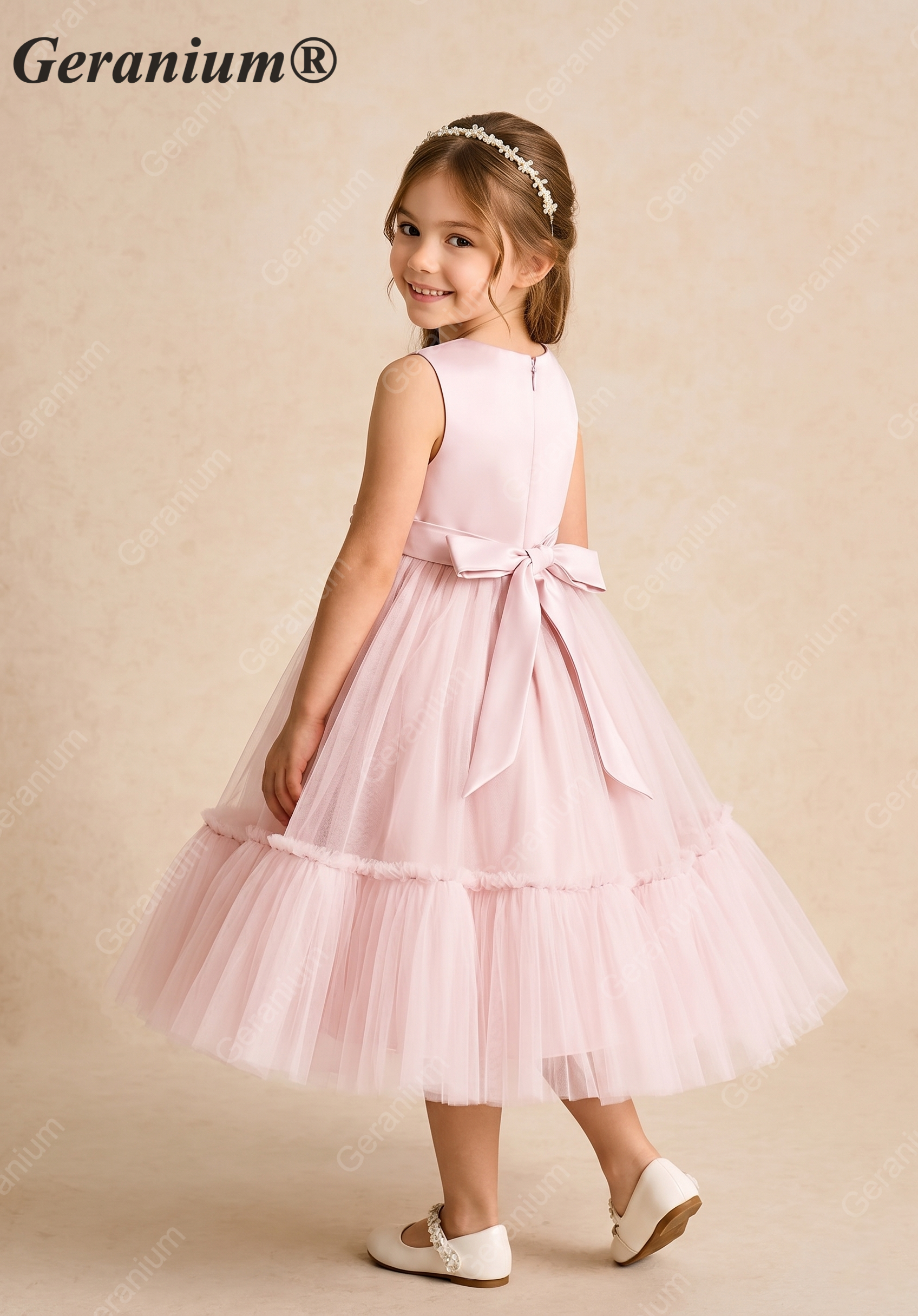 Geranium 3D Floral Tulle Flower Girl Dress with Tiered Skirt & Bow – KD-206 Secondary image