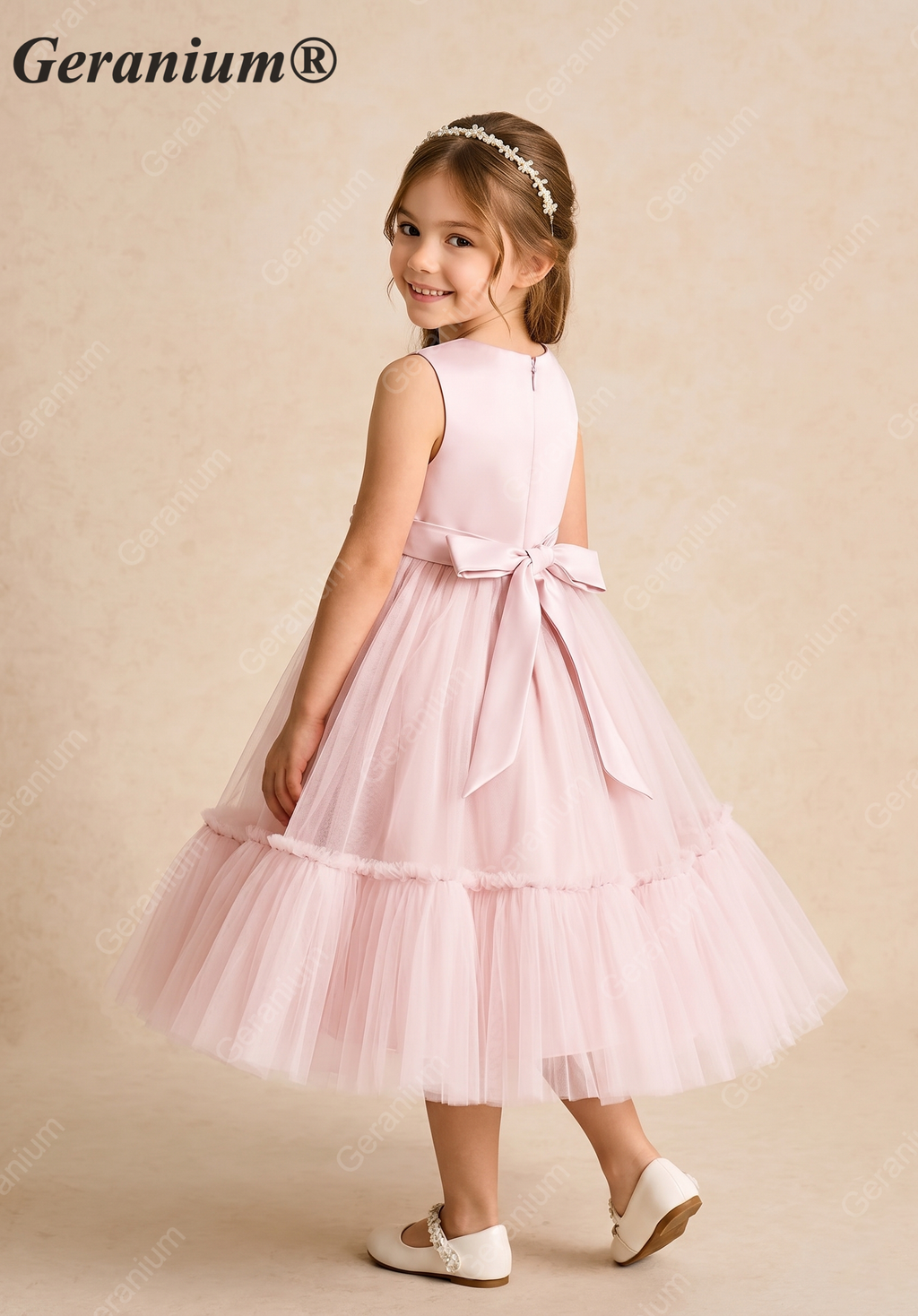Geranium Elegant Blush Pink Tulle Flower Girl Dress - Satin Bodice with Handmade 3D Rosettes KD-206