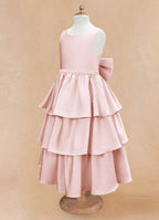 Geranium Elegant Pink Satin Tiered Flower Girl Dress with Oversized Back Bow | Tulle Ruffle Princess Party Gown KD-188