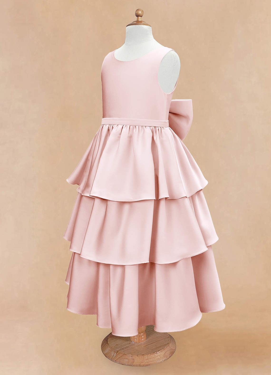 Geranium Elegant Pink Satin Tiered Flower Girl Dress with Oversized Back Bow | Tulle Ruffle Princess Party Gown KD-188