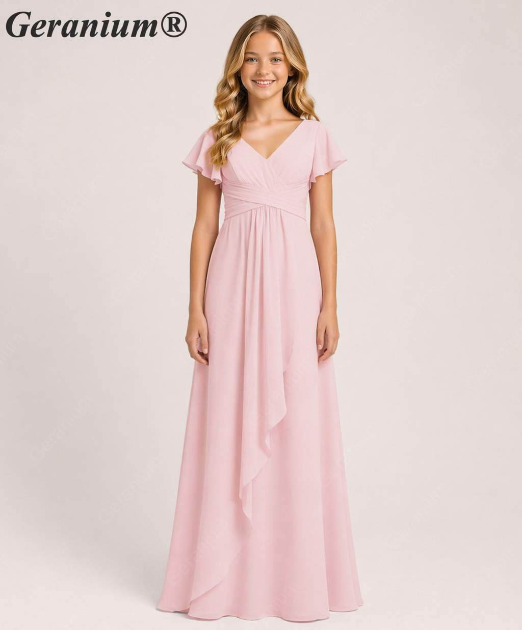 Geranium Elegant Chiffon Flutter Sleeve Junior Bridesmaid Dress with Ruched Bodice KD-319