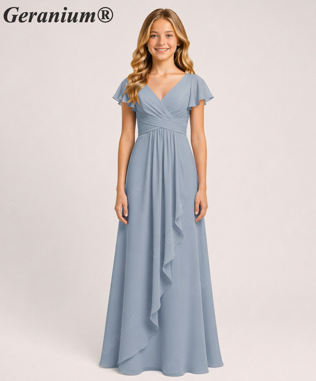 Geranium Elegant Chiffon Flutter Sleeve Junior Bridesmaid Dress with Ruched Bodice KD-319
