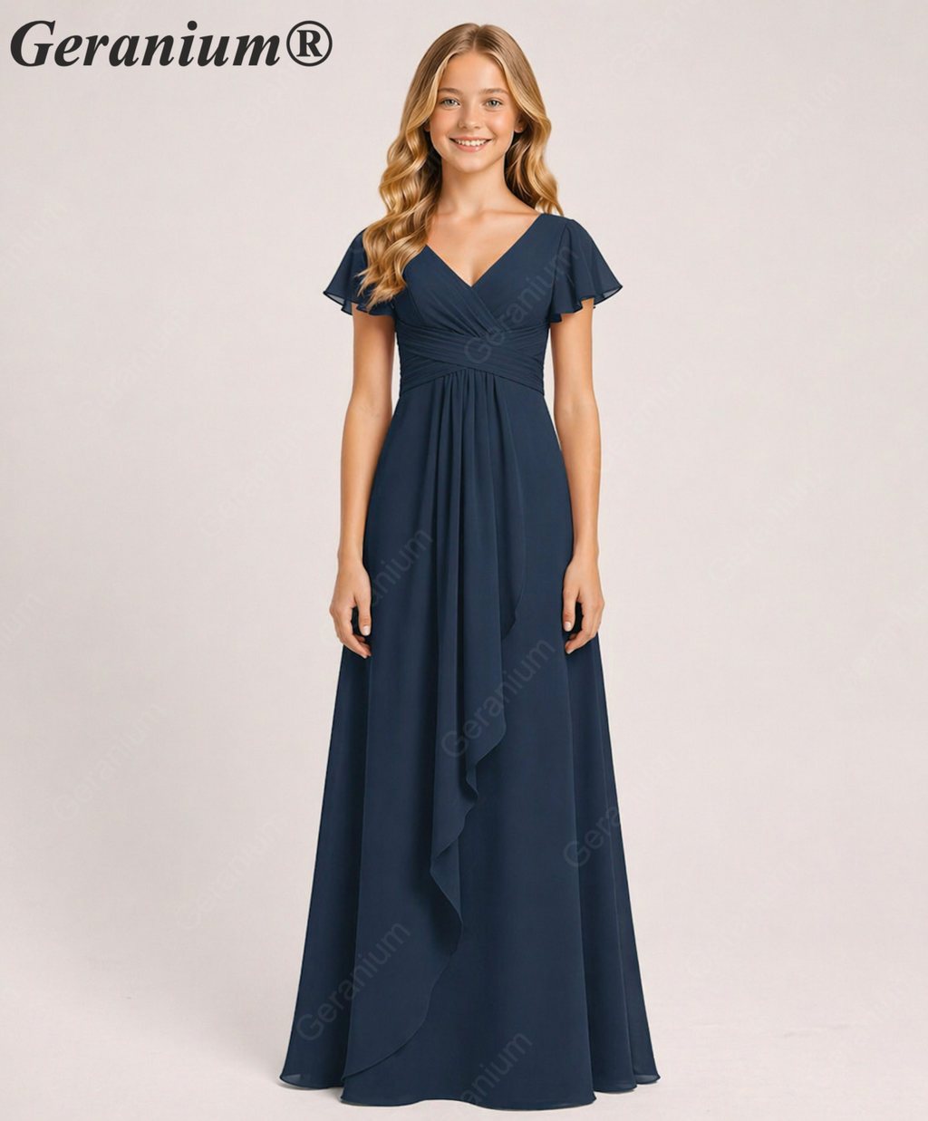 Geranium Elegant Chiffon Flutter Sleeve Junior Bridesmaid Dress with Ruched Bodice KD-319