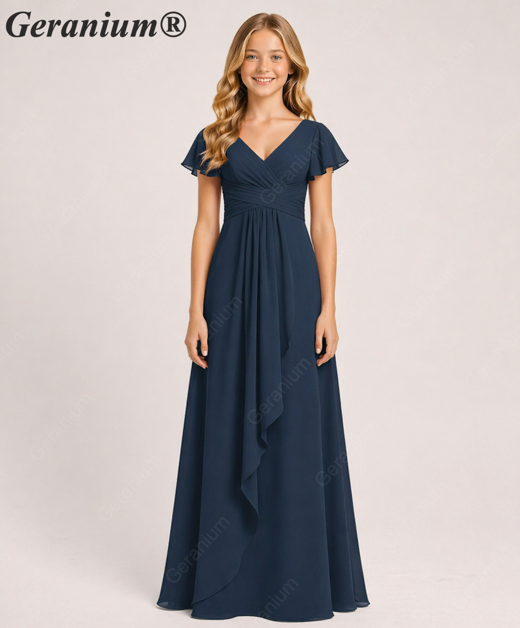 Geranium Elegant Chiffon Flutter Sleeve Junior Bridesmaid Dress with Ruched Bodice KD-319