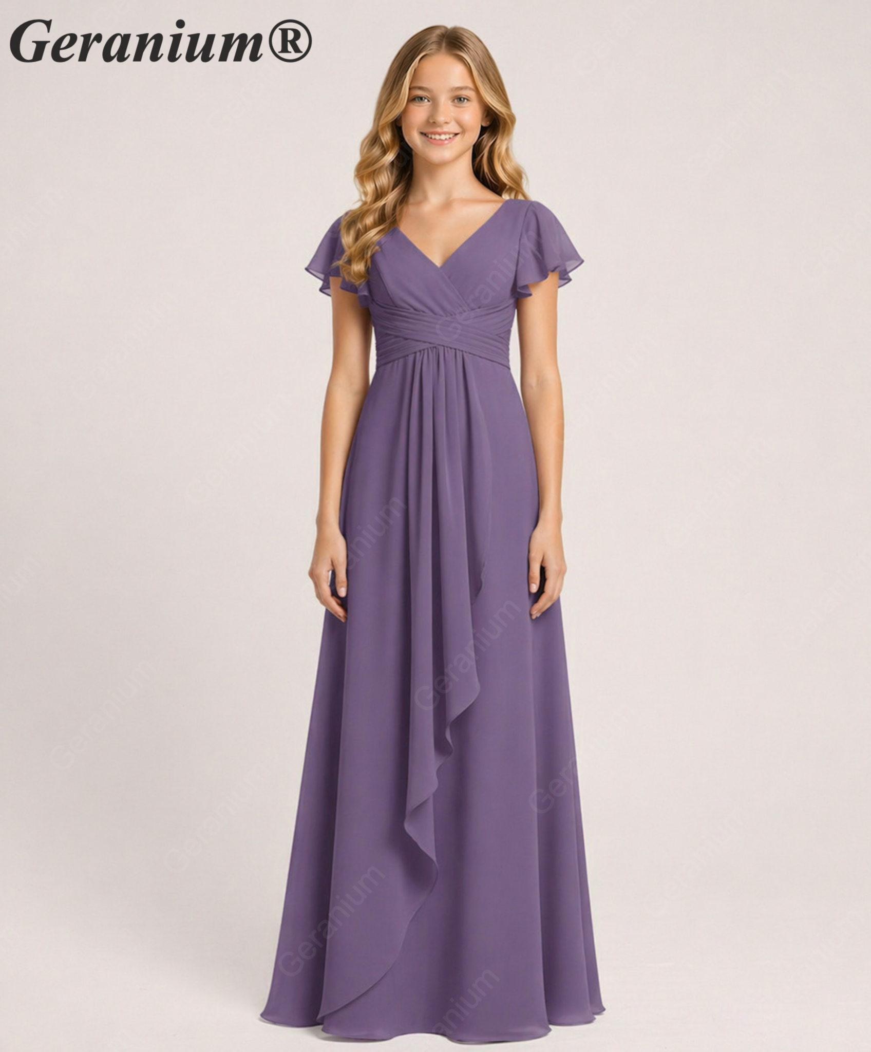 Geranium Elegant Chiffon Flutter Sleeve Junior Bridesmaid Dress with Ruched Bodice KD-319