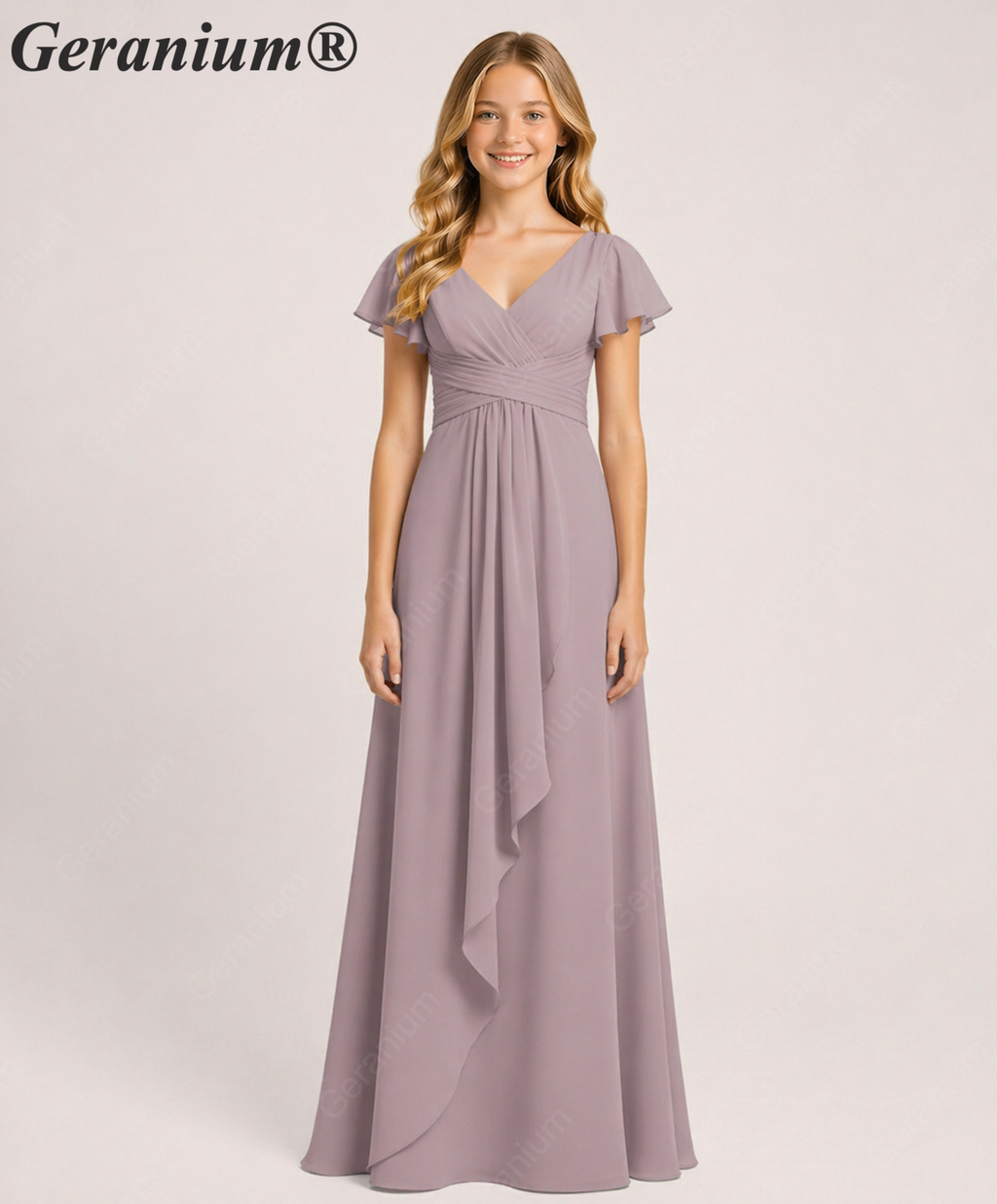 Geranium Elegant Chiffon Flutter Sleeve Junior Bridesmaid Dress with Ruched Bodice KD-319