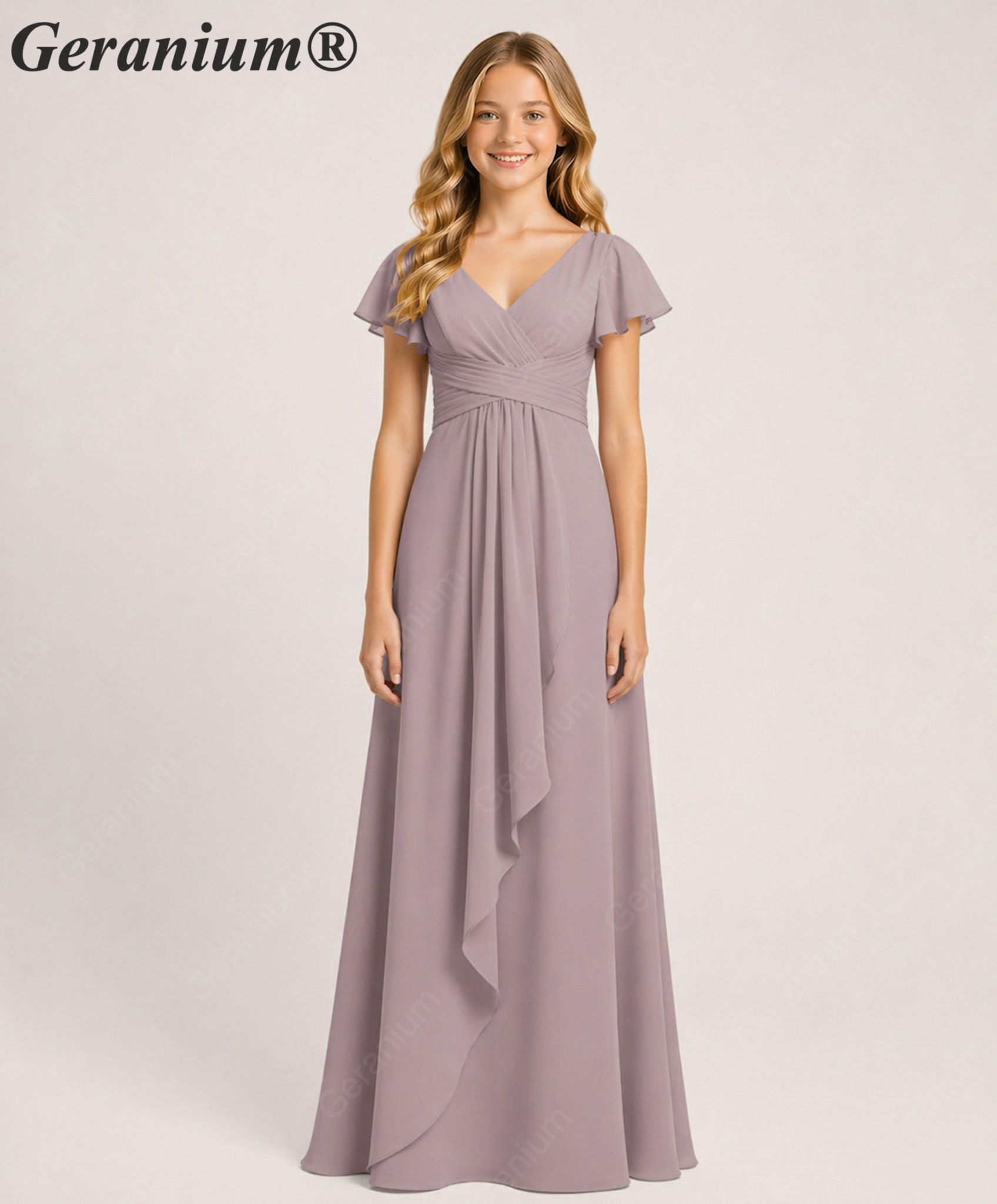 Geranium Elegant Chiffon Flutter Sleeve Junior Bridesmaid Dress with Ruched Bodice KD-319