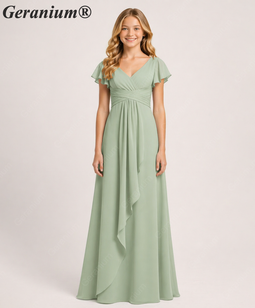 Geranium Elegant Chiffon Flutter Sleeve Junior Bridesmaid Dress with Ruched Bodice KD-319