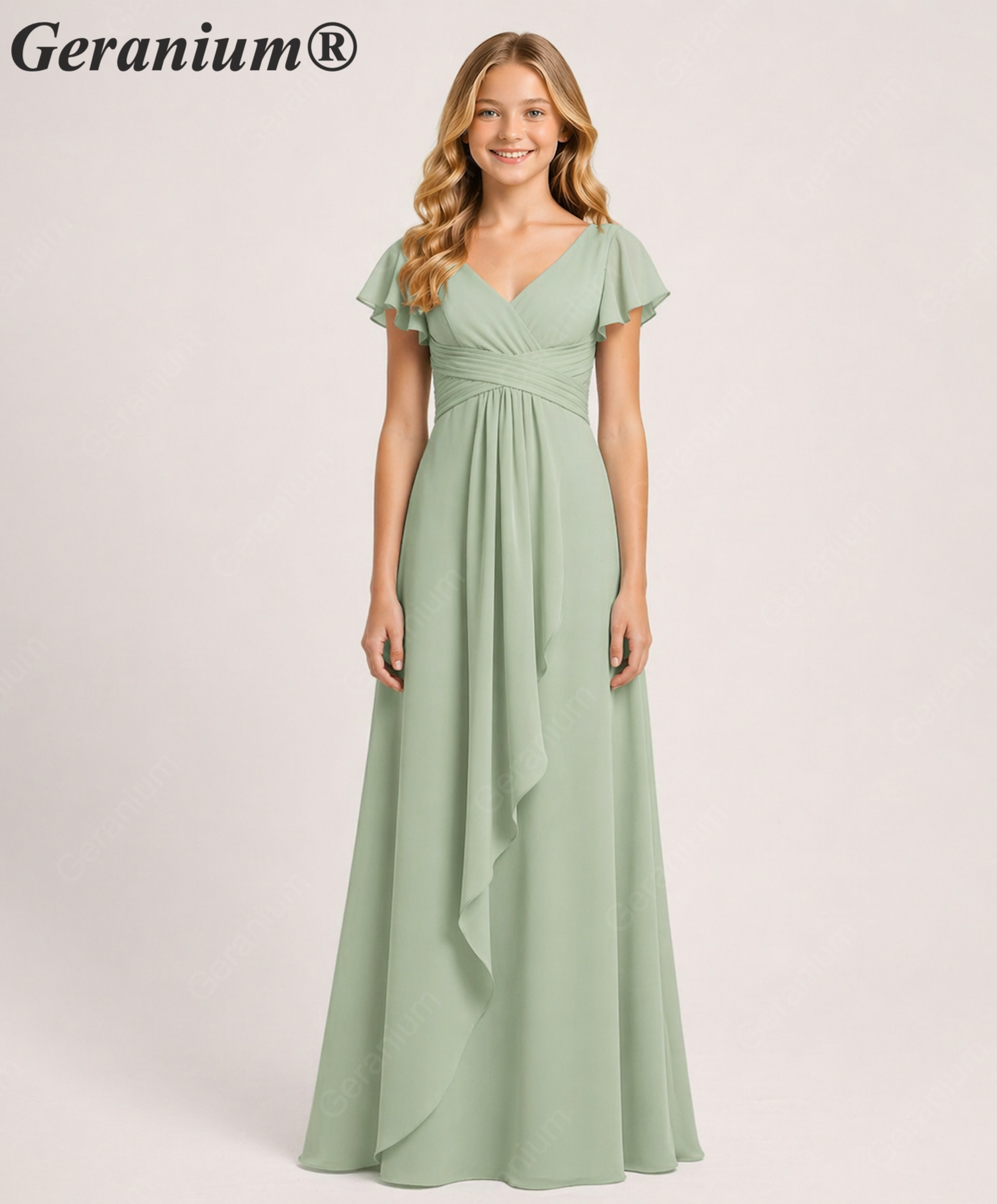 Geranium Elegant Chiffon Flutter Sleeve Junior Bridesmaid Dress with Ruched Bodice KD-319