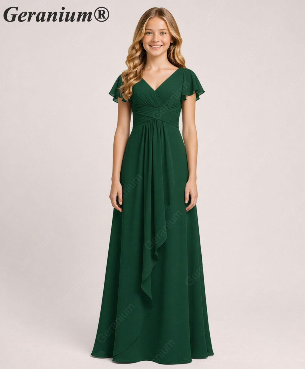 Geranium Elegant Chiffon Flutter Sleeve Junior Bridesmaid Dress with Ruched Bodice KD-319