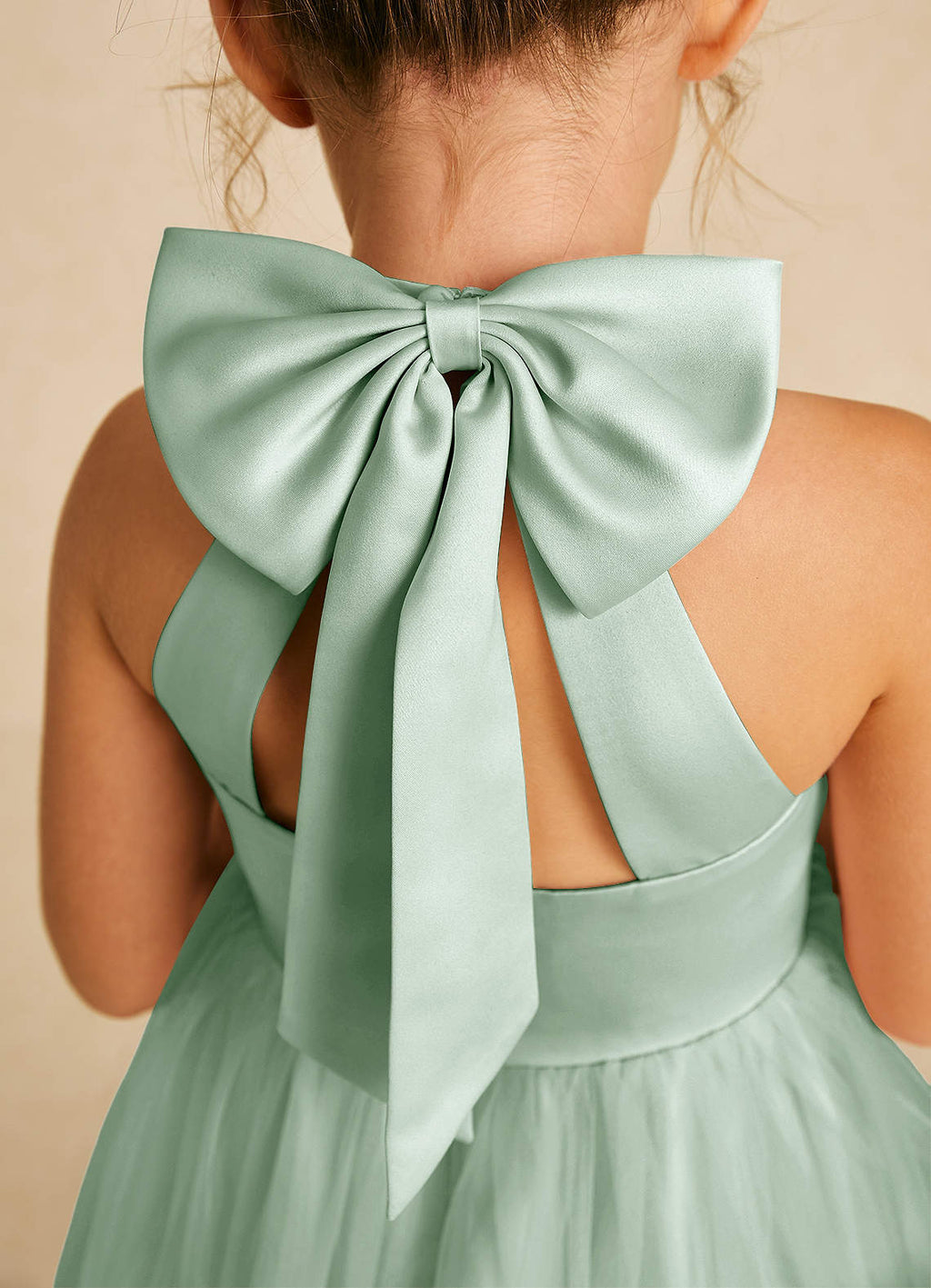 Geranium Elegant Sage Green Halter Flower Girl Dress with Statement Bow Back & Tulle Skirt KD-205