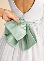 Geranium Elegant Pearl V-Neck Flower Girl Dress with Detachable Sage Green Satin Back Bow KD-298