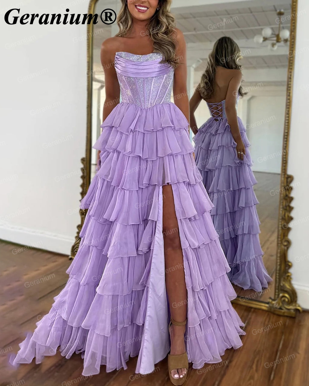 Geranium Rhinestone Corset Tiered Ruffle Ball Gown Prom Dress – GER708P