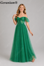 Geranium Elegant Emerald Green Tulle Off-the-Shoulder Junior Bridesmaid Dress KD-344
