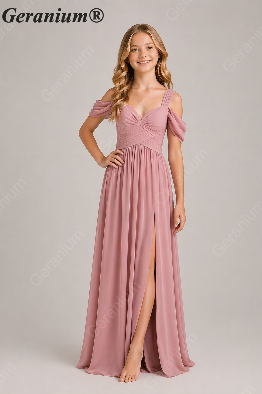 Geranium Elegant Chiffon Cold Shoulder Junior Bridesmaid Dress with Slit KD-343