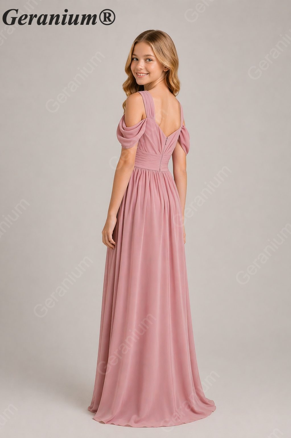 Geranium Cold Shoulder Chiffon Junior Bridesmaid Dress with Ruched Bodice & Slit – KD-343 Secondary image