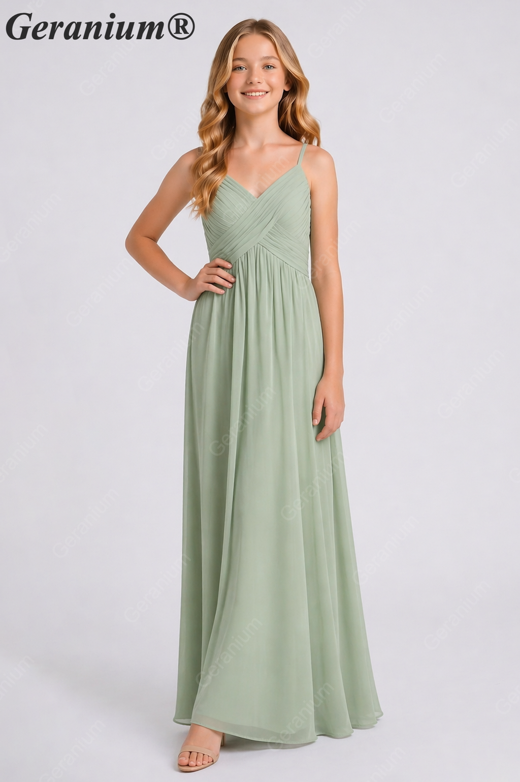 Geranium Elegant Chiffon Junior Bridesmaid Dress with Ruched V-Neck and Spaghetti Straps KD-331