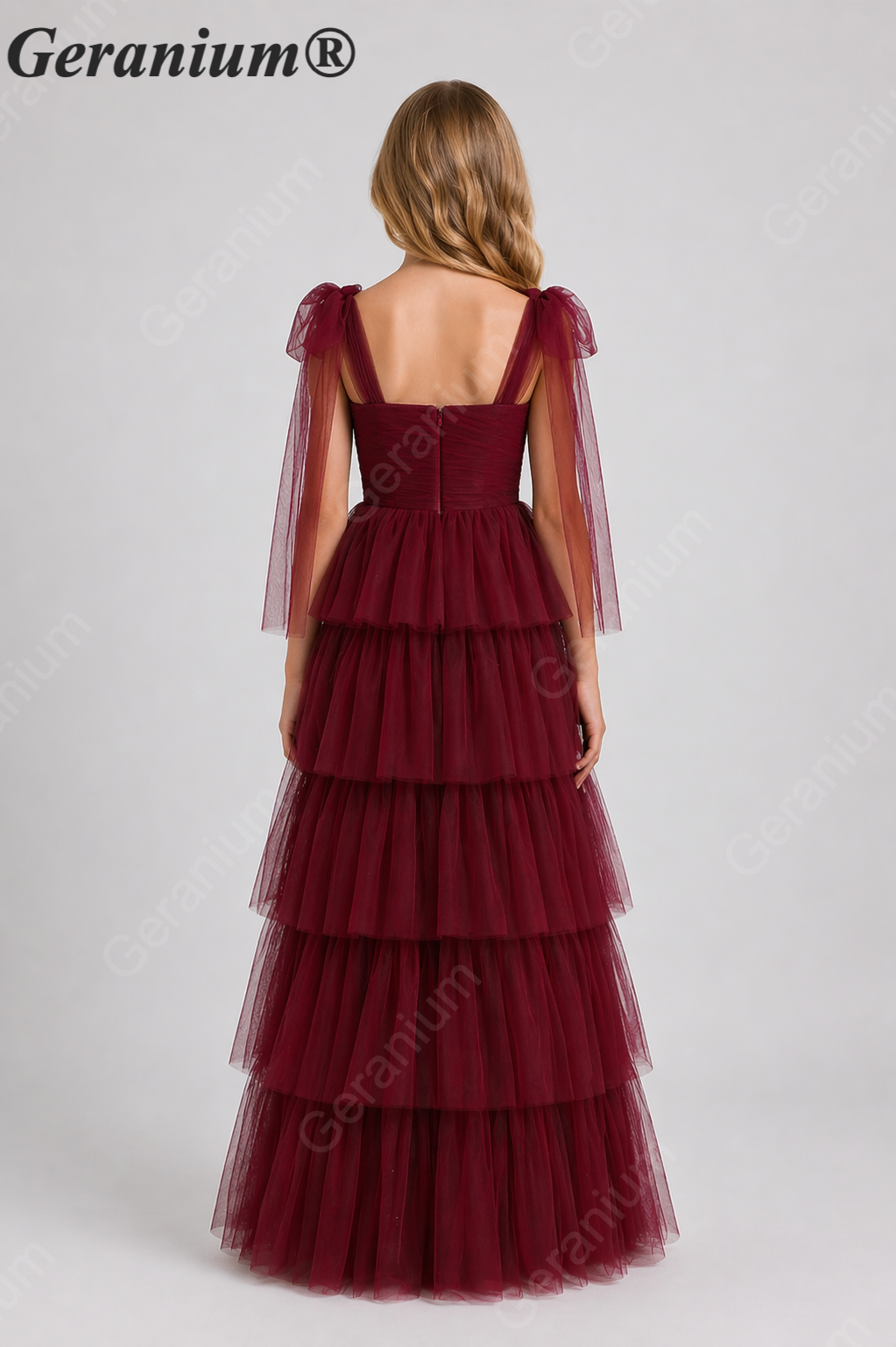 Geranium Elegant Burgundy Tiered Tulle Junior Bridesmaid Dress with Bow Straps KD-347