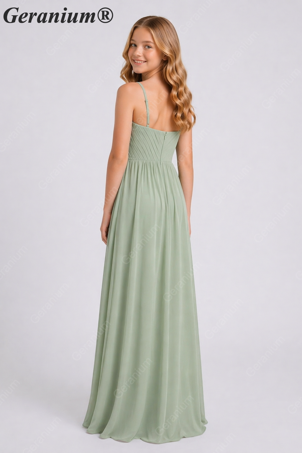 Geranium Elegant Chiffon Junior Bridesmaid Dress with Ruched V-Neck and Spaghetti Straps KD-331
