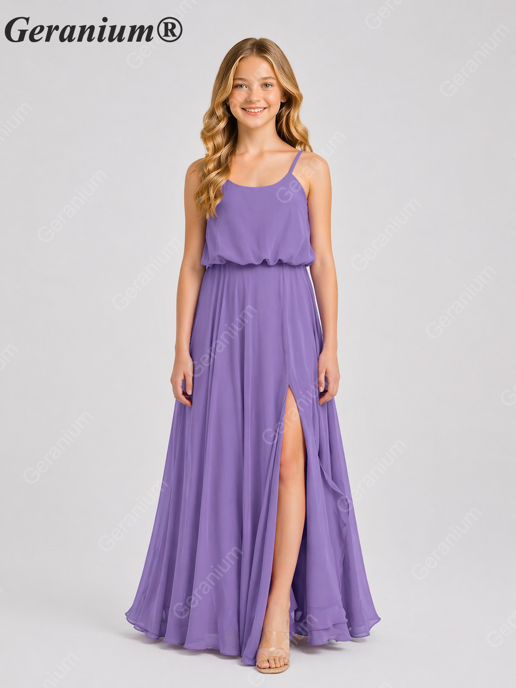 Geranium Elegant Chiffon Spaghetti Strap Junior Bridesmaid Dress with Leg Slit KD-314