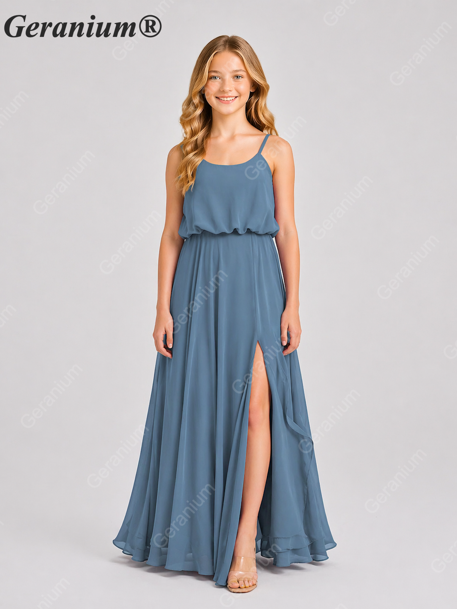 Geranium Elegant Chiffon Spaghetti Strap Junior Bridesmaid Dress with Leg Slit KD-314 Main image