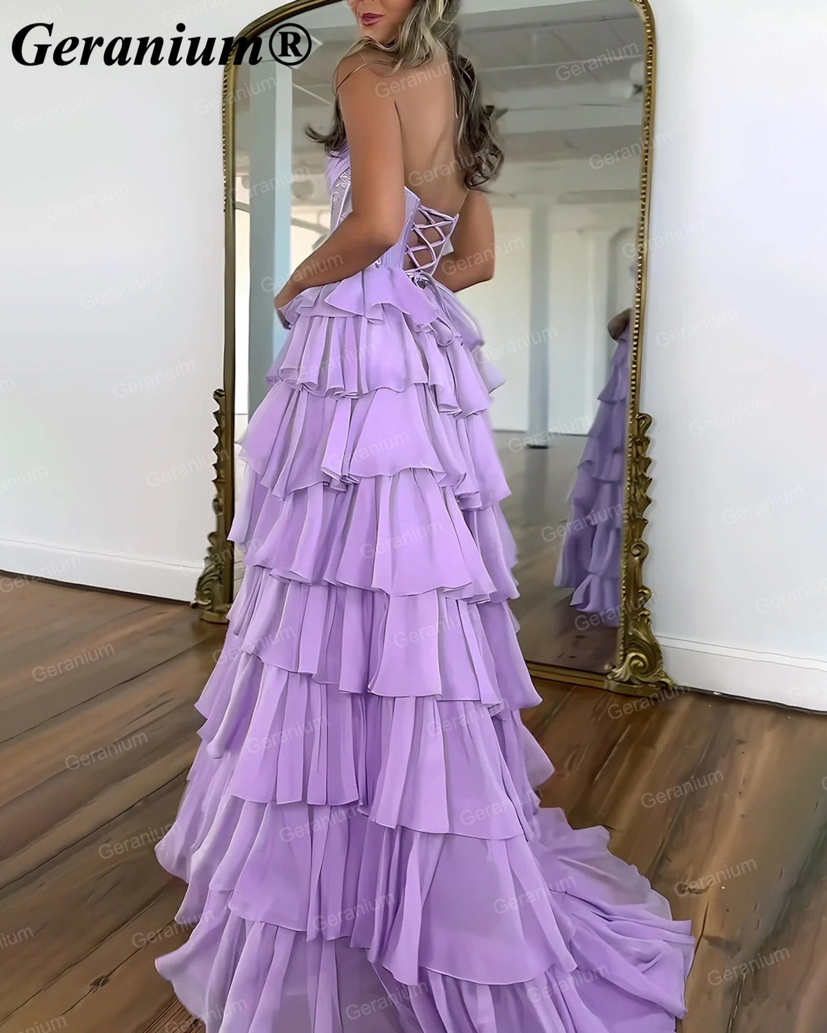 Geranium Rhinestone Corset Tiered Ruffle Ball Gown Prom Dress – GER708P