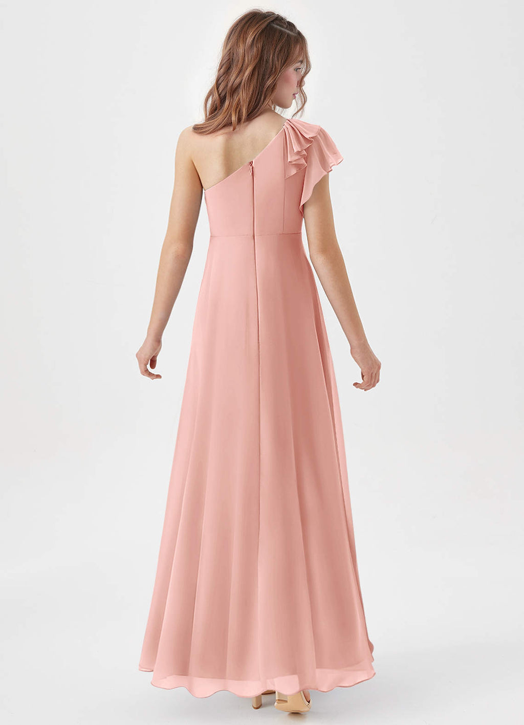 Geranium One Shoulder Chiffon Bridesmaid Dress with Ruffle Detail A-Line Floor Length Elegant Formal Gown KD-68