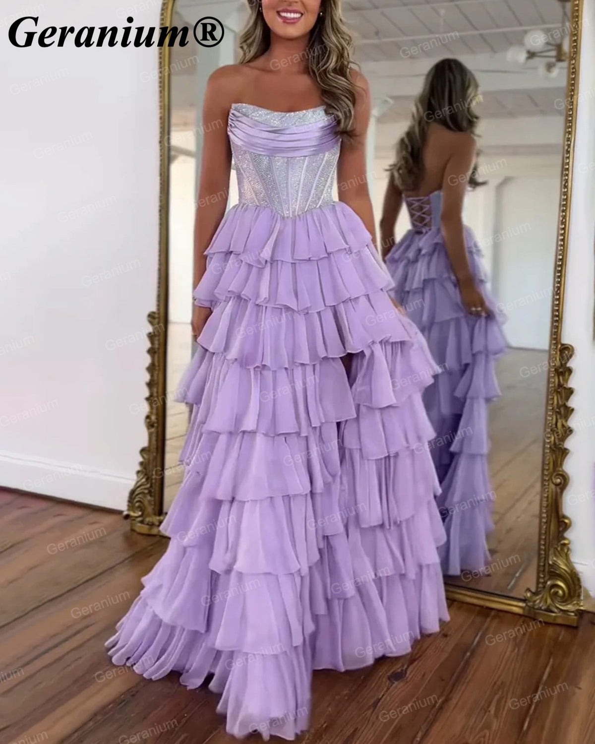Geranium Rhinestone Corset Tiered Ruffle Ball Gown Prom Dress – GER708P