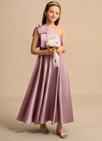 Geranium Elegant One-Shoulder Satin Junior Bridesmaid Dress with Oversized Bow - Floor Length Formal Gown for Girls KD-244