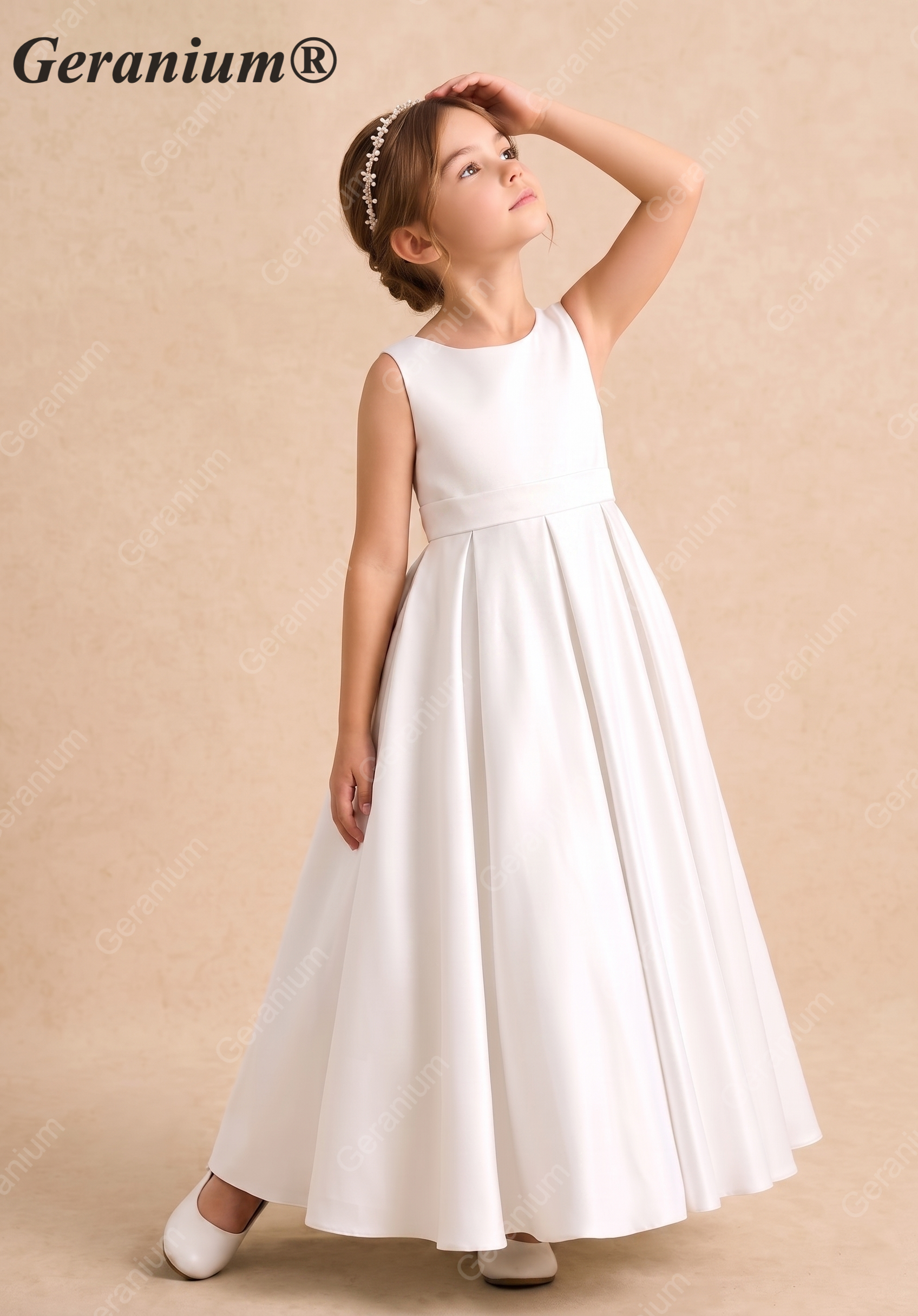 Geranium Elegant Minimalist Satin Flower Girl Dress: Open V-Back with Bow & Pleated A-Line Skirt KD-197 Secondary image