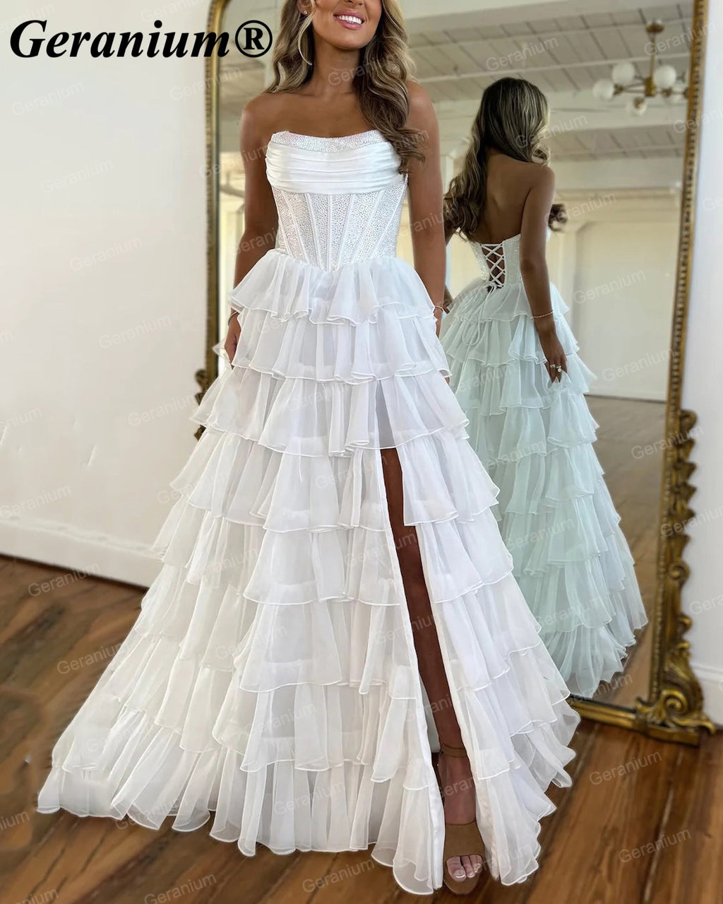 Geranium Rhinestone Corset Tiered Ruffle Ball Gown Prom Dress – GER708P
