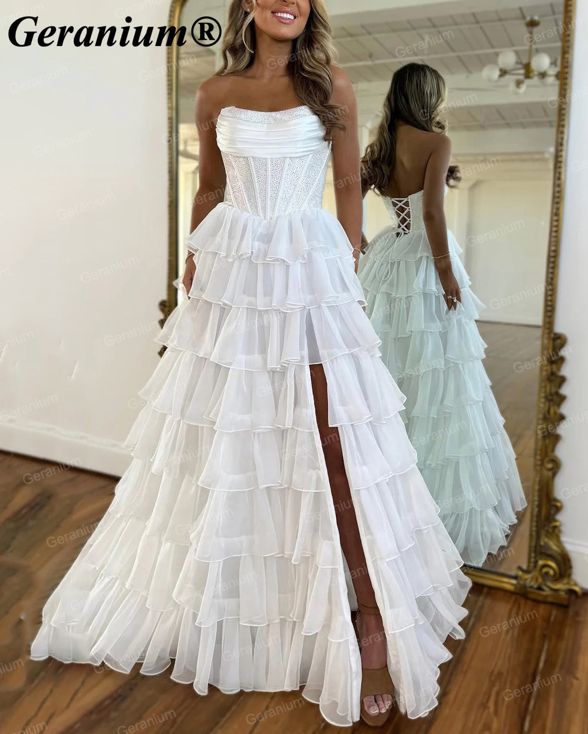 Geranium Rhinestone Corset Tiered Ruffle Ball Gown Prom Dress – GER708P