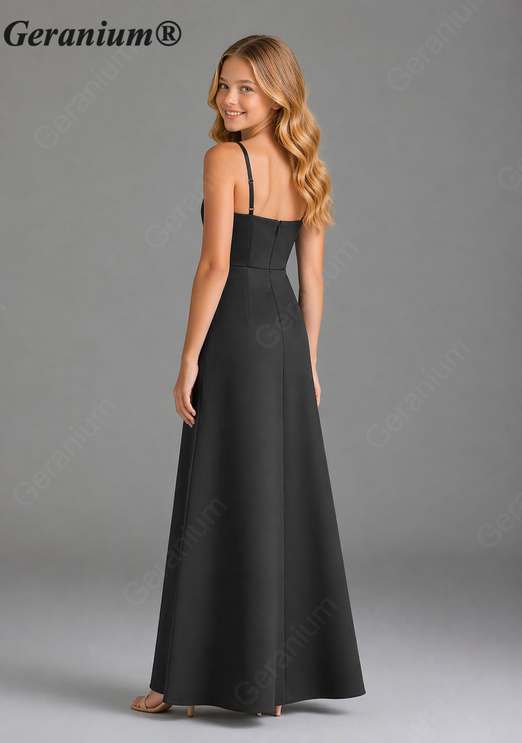 Geranium Elegant Chiffon Junior Bridesmaid Dress with Ruched V-Neck Bodice & Side Slit A-Line Gown – KD-88 Secondary image
