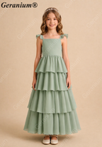 Geranium Sage Green Tiered Chiffon Flower Girl Dress with Flutter Sleeves | Elegant Junior Bridesmaid Gown KD-217J