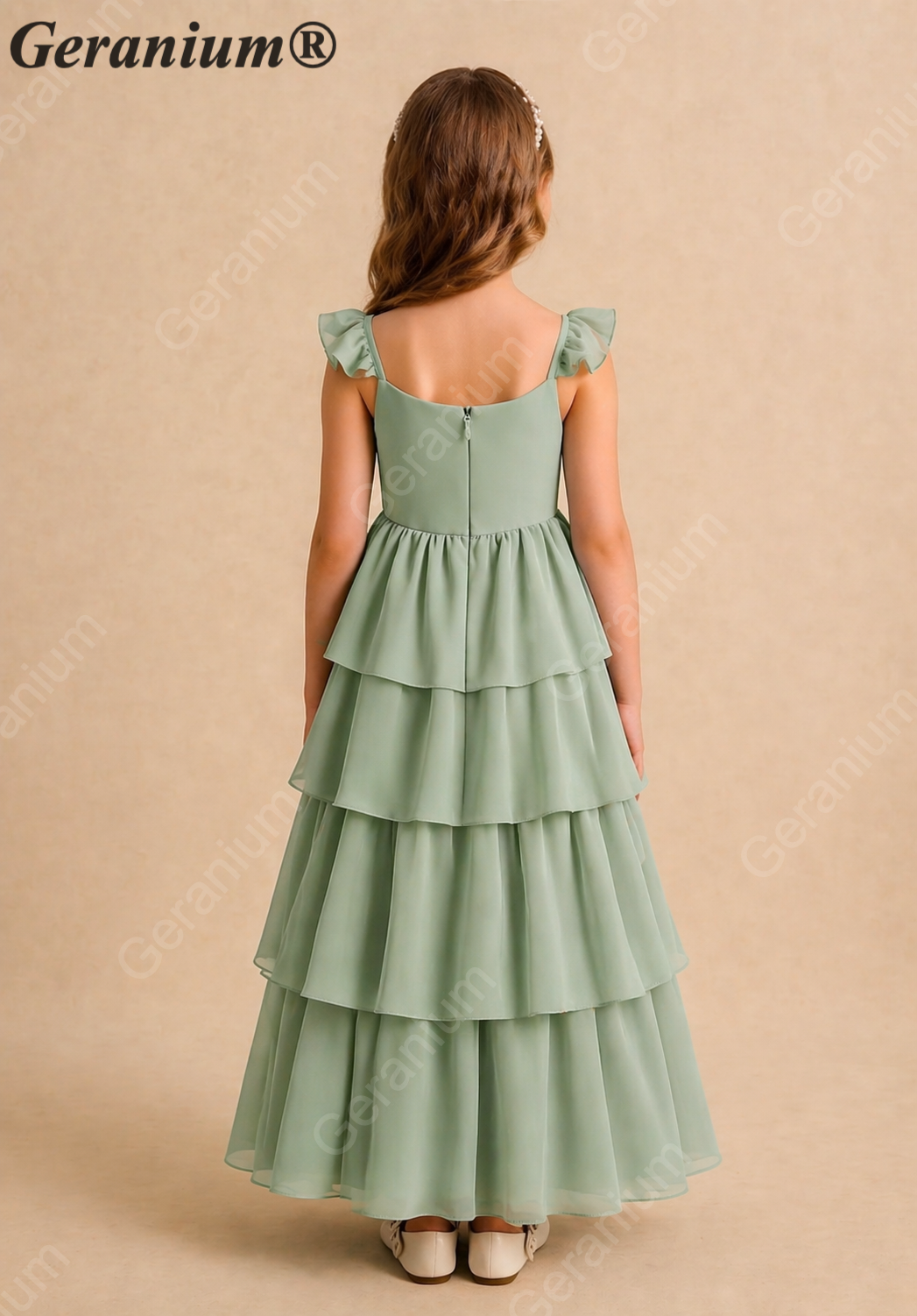 Geranium Sage Green Tiered Chiffon Junior Bridesmaid Dress with Flutter Sleeves – KD-217J Secondary image