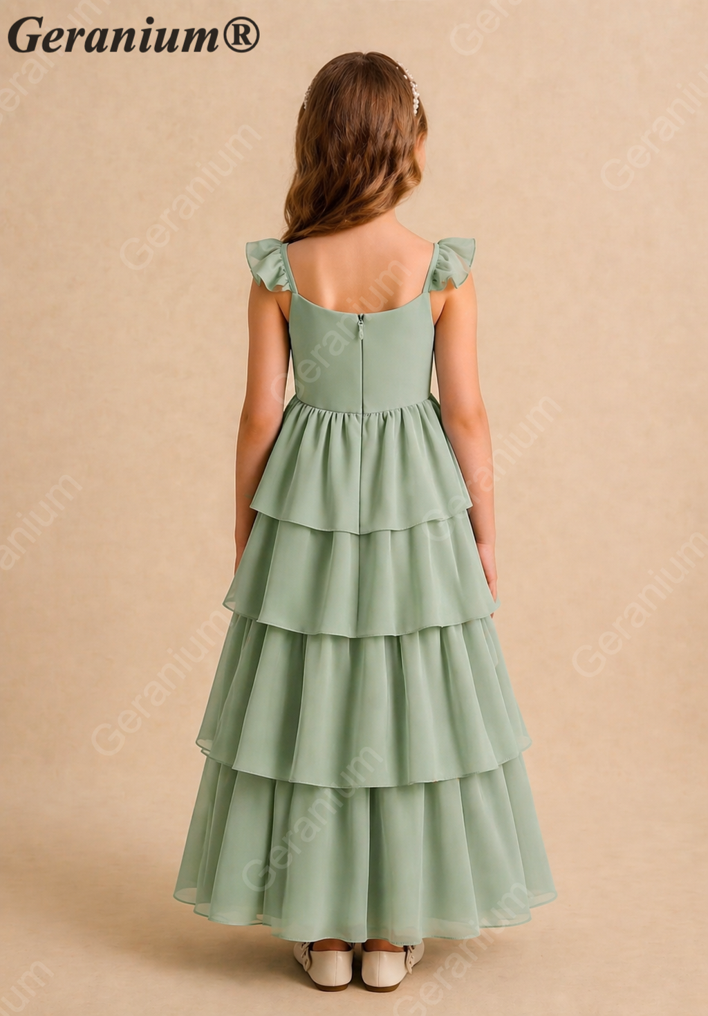 Geranium Sage Green Tiered Chiffon Flower Girl Dress with Flutter Sleeves | Elegant Junior Bridesmaid Gown KD-217J